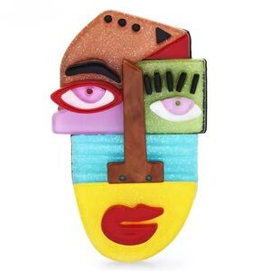 Colorful Abstract Face Brooch - Multicolor Acrylic Statement